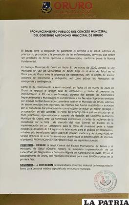 El documento emitido por el Concejo Municipal /LA PATRIA
