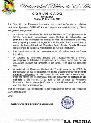 Comunicado de la UPEA difundido en redes sociales /RR.SS