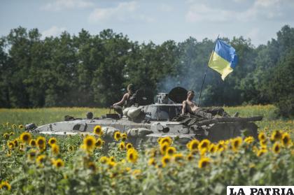 Soldados ucranianos a bordo de un tanque con la bandera del país, pasan junto a un campo de girasoles en Kryva Luka, en el este de Ucrania /AP Foto /Evgeniy Maloletka