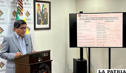 El ministro de Desarrollo Productivo y Economía Plural, Néstor Huanca, en conferencia de prensa /Ministerio de Desarrollo Productivo y Economía Plural