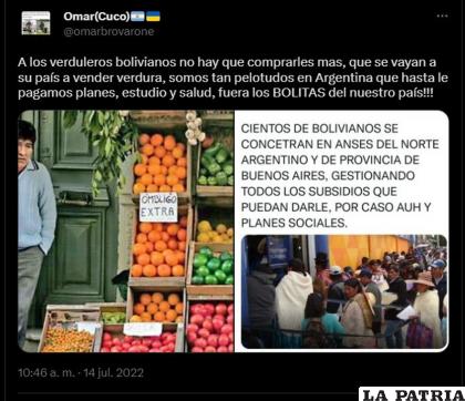 Tuit publicado el 14 de julio de 2022, donde se etiqueta a todos los migrantes bolivianos como ??verduleros?. En el meme, también aparece la imagen del expresidente Evo Morales con referencia a los supuestos subsidios que por favores políticos recibe la comunidad boliviana en ese país /BV