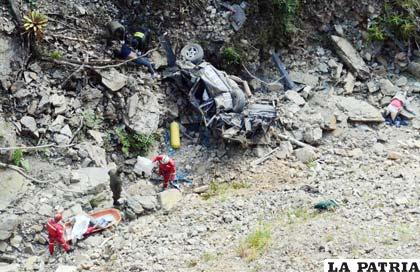 Imagen de cómo quedó el vehículo que se embarrancó en los Yungas /APG