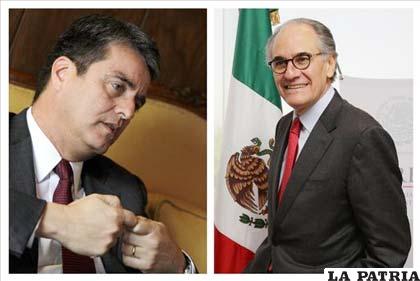 Diplomático brasileño Roberto Azêvedo (i) y el exministro mexicano Herminio Blanco (d), candidatos a la dirección de la Organización Mundial del Comercio