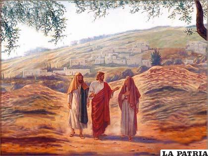 Jesús camina hacia el pueblo de Emaús junto a dos peregrinos