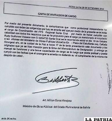 El documento suscrito por la banda criminal con la falsificación de la firma del ministro /Erbol