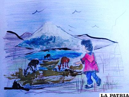 Chito junto a su ganado al pie del nevado Sajama