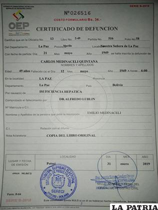 Certificado de defunción obtenido a través del Serecí