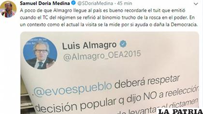 Samuel Doria Medina se refirió a la llegada de Almagro /Captura /ERBOL