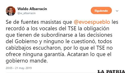 Waldo Albarracín afirmó este martes en su cuenta de Twitter que el TCP debe subordinarse a las deciciones gubernamentales /RRSS
