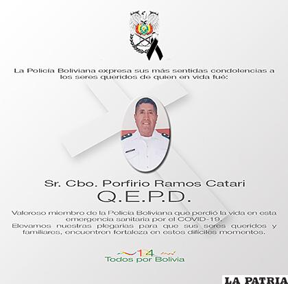 La condolencia que hizo pública la Policía Boliviana /TWITTER
