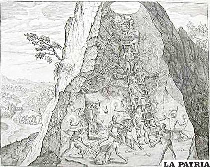 Ilustración de la explotación Minera en el cerro rico de Potosí
