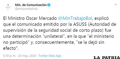 Mensaje de Twitter del Ministerio de Comunicación /Twitter
