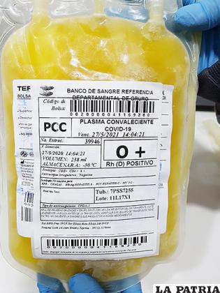 El plasma convaleciente Covid-19 que se obtuvo en el Banco de Sangre de referencia departamental Oruro /LA PATRIA
