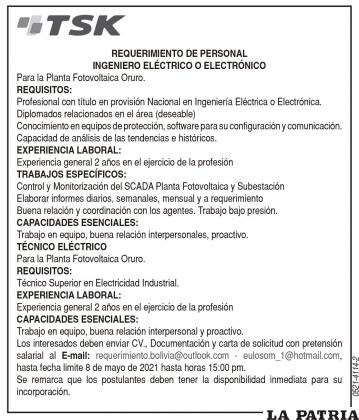 REQUERIMIENTO DE PERSONAL INGENIERO ELÉCTRICO O ELECTRÓNICO