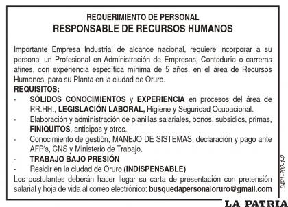 REQUERIMIENTO DE PERSONAL RESPONSABLE DE RECURSOS HUMANOS