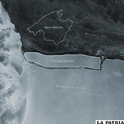 Esta imagen proporcionada por la Agencia Espacial Europea muestra una comparación con la isla española de Mallorca de un iceberg que se desprendió de la Plataforma de Hielo Ronne, en el Mar de Weddell, en la Antártida. /ESA vía AP