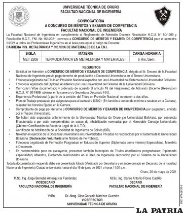 CONVOCATORIA A CONCURSO DE MÉRITOS Y EXAMEN DE COMPETENCIA FACULTAD NACIONAL DE INGENIERÍA
