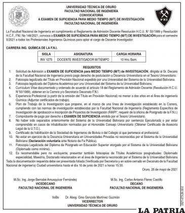 CONVOCATORIA
A EXAMEN DE SUFICIENCIA PARA MEDIO TIEMPO (M/T) DE INVESTIGACIÓN FACULTAD NACIONAL DE INGENIERÍA