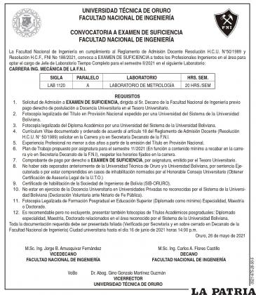 CONVOCATORIA A EXAMEN DE SUFICIENCIA
FACULTAD NACIONAL DE INGENIERÍA