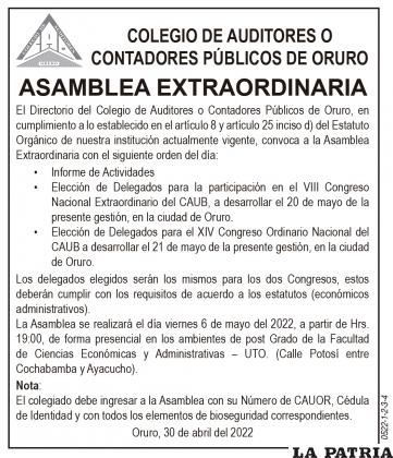 COLEGIO DE AUDITORES O CONTADORES PÚBLICOS DE ORURO - ASAMBLEA EXTRAORDINARIA
