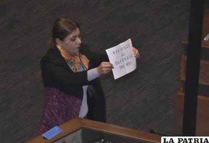 Una asambleísta muestra un cartel de rechazo /APG