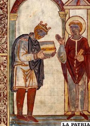 Según la tradición, el rey Aethelstan ordenó traducir la Biblia a la lengua anglosajona, cuyo decreto se reproduce en esta imagen 
/HULTON ARCHIVE GETTY IMAGES