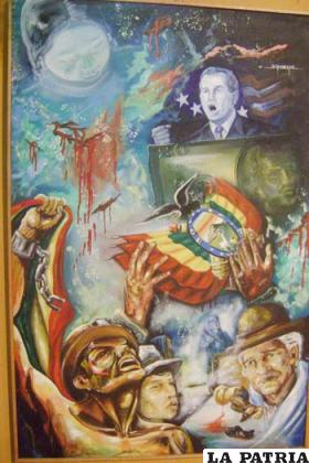 Obra exhibida en el hall de la carrera de Antropología que resume la opresión y sufrimiento de la gente del pueblo