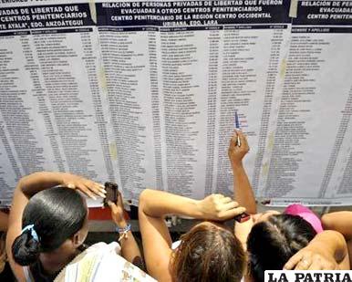 Familiares buscan nombres de los reclusos de la cárcel El Rodeo I en las listas de los presos que fueron reubicados