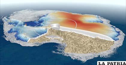 Los datos de Cryosat también permitieron elaborar un modelo de la Antártida, en el que se muestra claramente la roca por debajo de la capa helada. Los investigadores esperan poder calcular el grosor del hielo en todo el continente