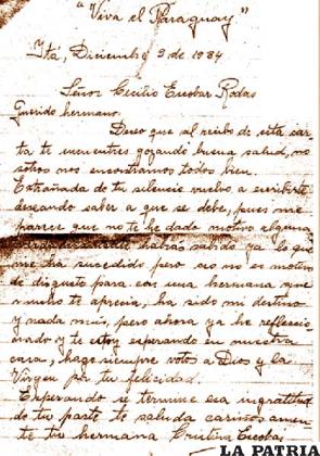 Carta hallada entre las pertenencias de un soldado paraguayo
