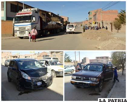 El camión mal estacionado (arriba) y los dos vehículos que chocaron (abajo)