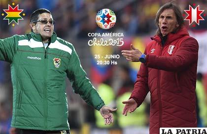 Mauricio Soria (D.T. Bolivia) y Ricardo Gareca (D.T. Perú) /conmebol.com