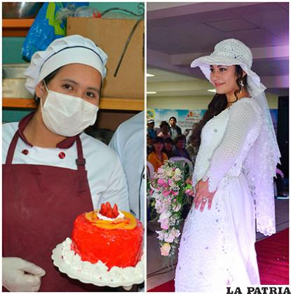 Torta hecha en base a la chía y un traje de novia hecha con tejido a hilo