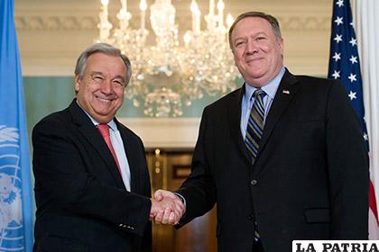 El secretario de Estado de EE.UU., Mike Pompeo, y el secretario general de la ONU, António Guterres /La Tercera