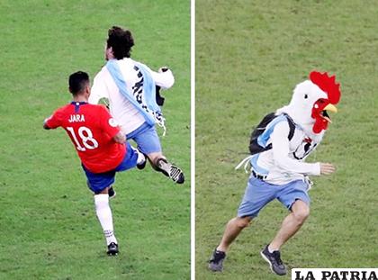 Gonzalo Jara otra vez protagonista, esta vez no con el dedo, sino le aplicó una patada a un hincha que se metió en la cancha /ole.com