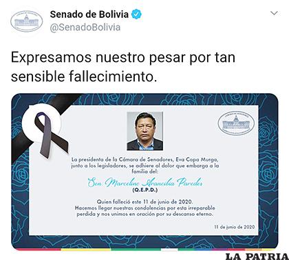 El Senado de Bolivia expresó sus condolencias por las redes sociales /TWITTER 
