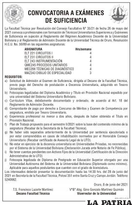 CONVOCATORIA A EXÁMENES DE SUFICIENCIA