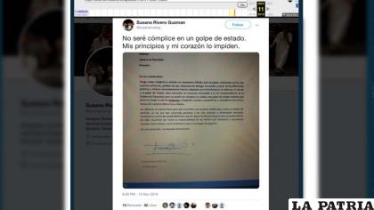 Captura de la renuncia de Susana Rivero /CHEQUEA BOLIVIA