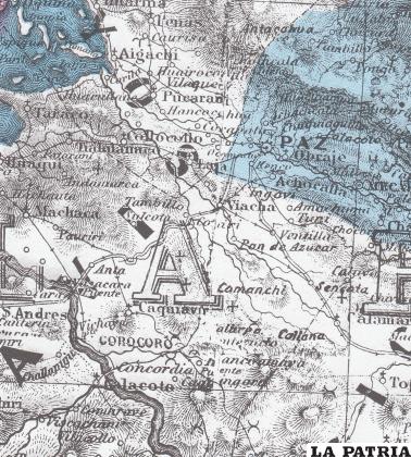 Detalle del ‘Mapa de la República de Bolivia’, elaborado entre los años 1842 a 1859, por los bolivianos: Teniente Coronel Juan Ondarza, Comandante Juan Mujía y Lucio Camacho, en el mismo se puede apreciar Corocoro y los principales caminos que la vinculaban.
Fuente: Mapa de la República de Bolivia, mandado a publicar por el Gobierno de la Nación en la administración del Presidente, Dr. José María Linares y Secretario de Instrucción Pública Dr. Lucas Mendoza de La Tapia, levantado y organizado en los años 1842 a 1859, Grabado, Impreso y publicado por I. H. Colton, N.Y.E.U., 1859.