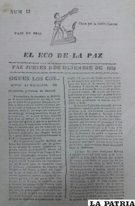 Portada del periódico El Eco de La Paz, en la parte superior se puede apreciar un grabado de un militar tocando la trompeta /Fotografía de José E. Pradel B.