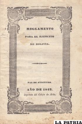 Portada del Reglamento para el Ejército de Bolivia  /Fotografía de José E. Pradel B.