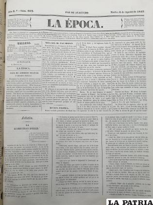 Portada del periódico La Época, instrumento semioficial del gobierno del Mariscal Ballivián que difundió literatura e información militar
/Fotografía de José E. Pradel B.