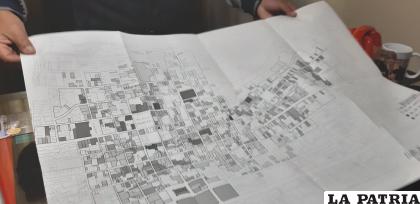 Mapa de la ciudad de Oruro, en el que muestra que aún existen bienes inmuebles catalogados como patrimonio, incluso de valor absoluto /LA PATRIA