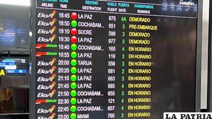 Panel de avisos en el aeropuerto de Viru Viru /Cortesía /Erbol