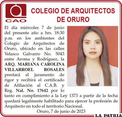 ARQ. MARIANA CAROLINA VILLARROEL ROSALES 