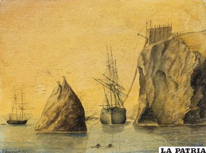 Naves cargando guano en la isla Chinchas. Acuarela de Marcus Lowther, 1853 
/Wikimedia Commons