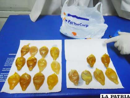 Condones con 496 gramos de cocaína líquida