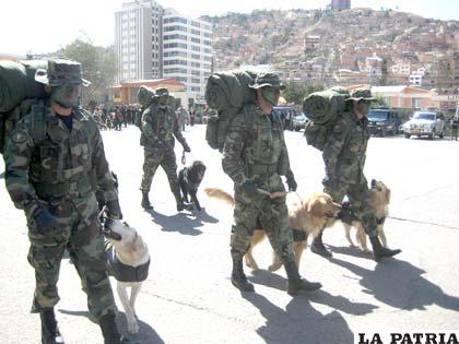 Canes antidroga junto a sus instructores