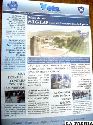 Primer número del periódico “Veta” de la Carrera de Minas de la FNI