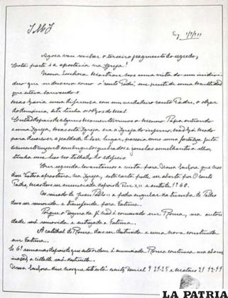 El manuscrito se muestra con la autorización del Papa Francisco
